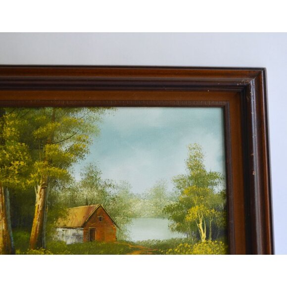 Vintage Handpainted Rustic Woodsy Cabin House Road Trail Lake Oil Painting Signe - Picture 4 of 8